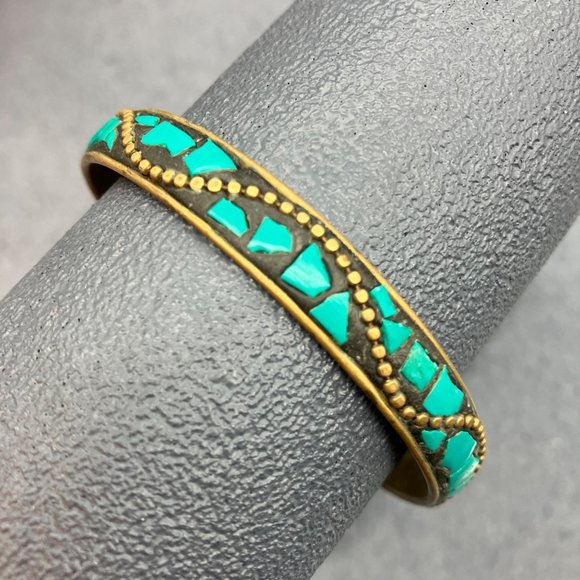 Inlaid Bangle Bracelet Turquoise Chunk Gold Dot Retro BoHo Soft Girl Beach - Picture 3 of 4